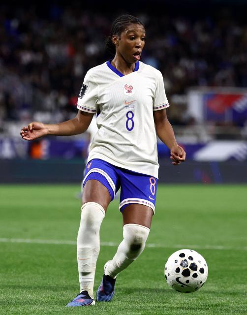 France's midfielder #8 Grace Geyoro controls the ball during the women's FIFA world cup league A, group 2, qualifying football match between France and The Netherlands at the Stade de l'Abbe-Deschamps in Auxerre, central France on April 18, 2026. (Photo by FRANCK FIFE / AFP)