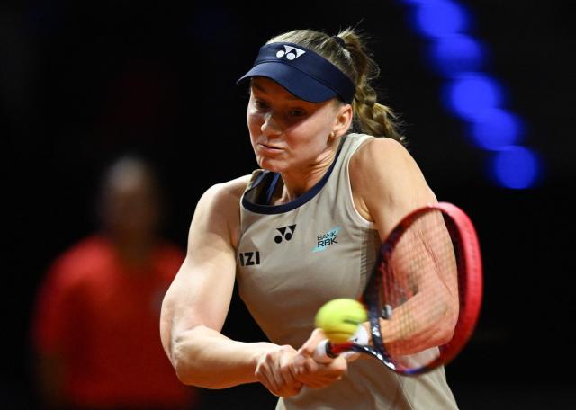 Kazakhstan’s Elena Rybakina returns the ball to Czech Republic’s Karolina Muchova (not in picture) in the final match at the Women's Tennis Grand Prix WTA tournament in Stuttgart, southwestern Germany, on April 19, 2026. (Photo by THOMAS KIENZLE / AFP)