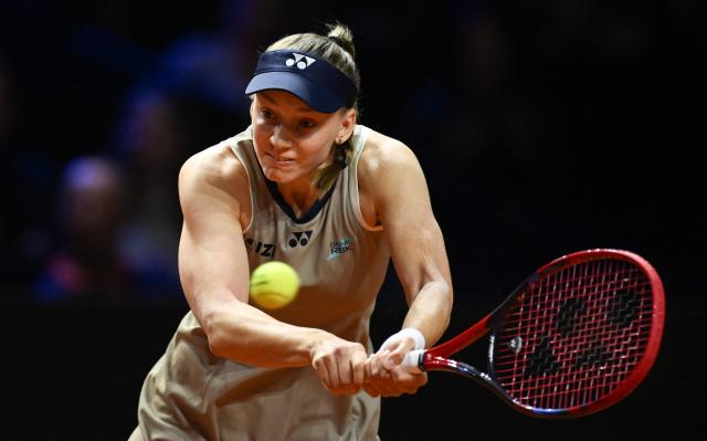 Kazakhstan’s Elena Rybakina returns the ball to Czech Republic’s Karolina Muchova (not in picture) in the final match at the Women's Tennis Grand Prix WTA tournament in Stuttgart, southwestern Germany, on April 19, 2026. (Photo by THOMAS KIENZLE / AFP)
