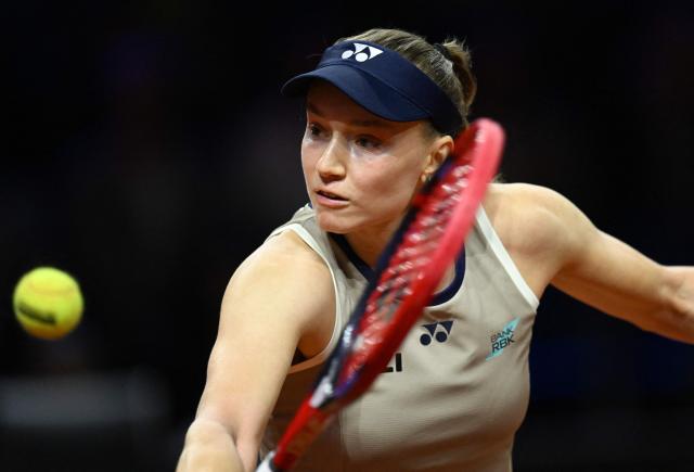 Kazakhstan’s Elena Rybakina returns the ball to Czech Republic’s Karolina Muchova (not in picture) in the final match at the Women's Tennis Grand Prix WTA tournament in Stuttgart, southwestern Germany, on April 19, 2026. (Photo by THOMAS KIENZLE / AFP)