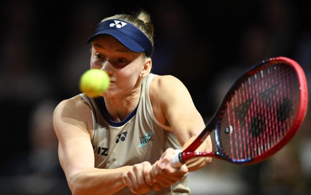 Kazakhstan’s Elena Rybakina returns the ball to Czech Republic’s Karolina Muchova (not in picture) in the final match at the Women's Tennis Grand Prix WTA tournament in Stuttgart, southwestern Germany, on April 19, 2026. (Photo by THOMAS KIENZLE / AFP)
