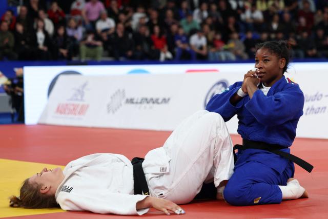 France's Kaila Issoufi wins against Germany's Julie Hoelterhoff in the women's under 78 kg category bronze medal bout at the Judo European Senior Championships 2026 in Tbilisi on April 19, 2026. (Photo by Giorgi ARJEVANIDZE / AFP)
