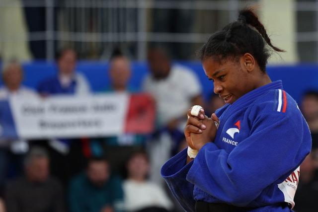 France's Kaila Issoufi wins against Germany's Julie Hoelterhoff in the women's under 78 kg category bronze medal bout at the Judo European Senior Championships 2026 in Tbilisi on April 19, 2026. (Photo by Giorgi ARJEVANIDZE / AFP)