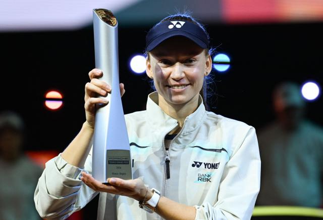Kazakhstan’s Elena Rybakina holds up the trophy after winning against Czech Republic’s Karolina Muchova (not in picture) in the final match at the Women's Tennis Grand Prix WTA tournament in Stuttgart, southwestern Germany, on April 19, 2026. (Photo by THOMAS KIENZLE / AFP)