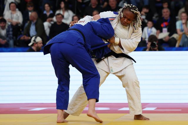 France's Romane Dicko (white) and Croatia's Helena Vukovic compete in the women's over 78 kg category bronze medal bout at the Judo European Senior Championships 2026 in Tbilisi on April 19, 2026. (Photo by Giorgi ARJEVANIDZE / AFP)