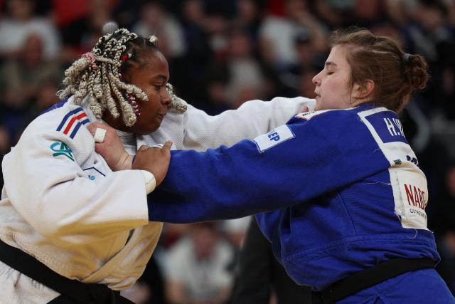 France's Romane Dicko (white) and Croatia's Helena Vukovic compete in the women's over 78 kg category bronze medal bout at the Judo European Senior Championships 2026 in Tbilisi on April 19, 2026. (Photo by Giorgi ARJEVANIDZE / AFP)