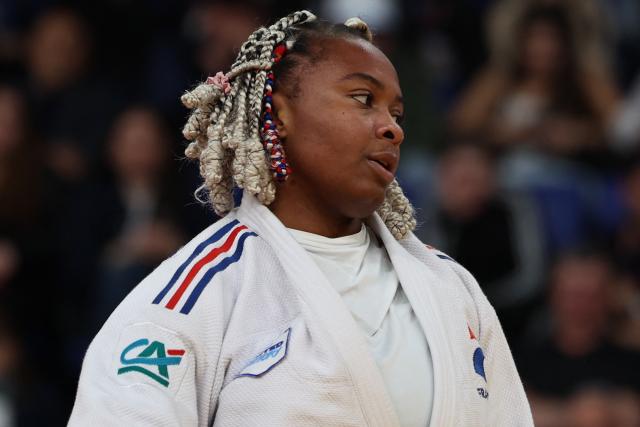 France's Romane Dicko (white) wins against Croatia's Helena Vukovic in the women's over 78 kg category bronze medal bout at the Judo European Senior Championships 2026 in Tbilisi on April 19, 2026. (Photo by Giorgi ARJEVANIDZE / AFP)