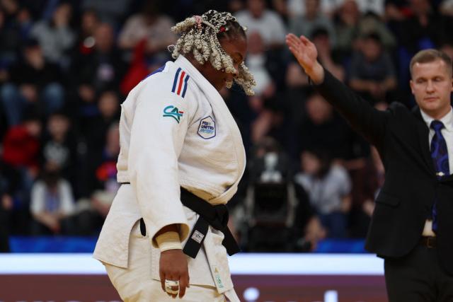 France's Romane Dicko (white) wins against Croatia's Helena Vukovic in the women's over 78 kg category bronze medal bout at the Judo European Senior Championships 2026 in Tbilisi on April 19, 2026. (Photo by Giorgi ARJEVANIDZE / AFP)