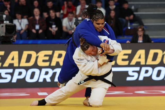 Israel's Raz Hershko (white) and France's Lea Fontaine compete in the women's over 78 kg category gold medal bout at the Judo European Senior Championships 2026 in Tbilisi on April 19, 2026. (Photo by Giorgi ARJEVANIDZE / AFP)
