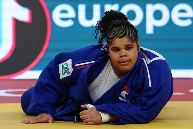 France's Lea Fontaine reacts after losing to Israel's Raz Hershko in the women's over 78 kg category gold medal bout at the Judo European Senior Championships 2026 in Tbilisi on April 19, 2026. (Photo by Giorgi ARJEVANIDZE / AFP)