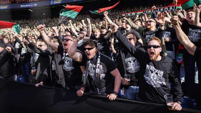 NEC Nijmegen supporters react prior to the KNVB Cup final match between AZ Alkmaar and NEC at De Kuip Stadium in Rotterdam, the Netherlands on April 19, 2026. (Photo by Robin van Lonkhuijsen / ANP / AFP) / Netherlands OUT