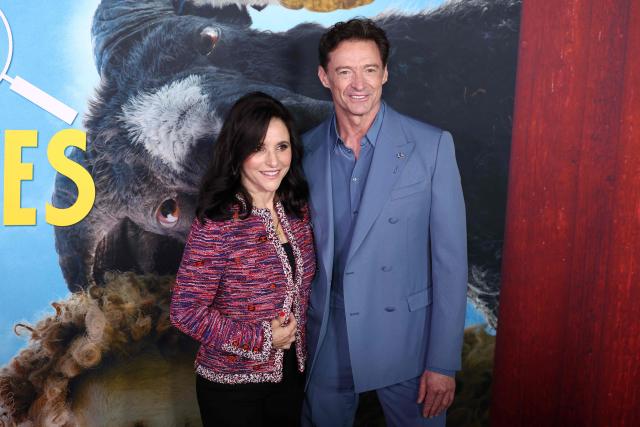 US actress Julia Louis-Dreyfus and Australian actor Hugh Jackman attend the premiere of "The Sheep Detectives" in New York on April 19, 2026. (Photo by CHARLY TRIBALLEAU / AFP)
