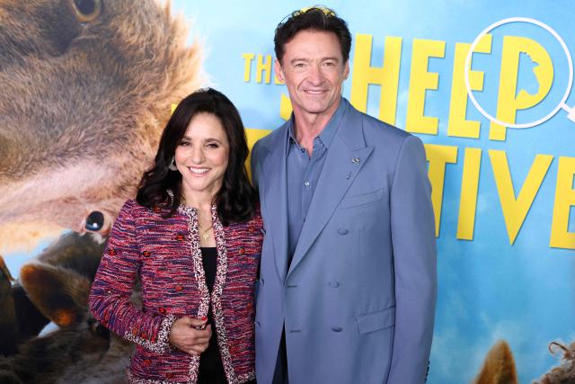 US actress Julia Louis-Dreyfus and Australian actor Hugh Jackman attend the premiere of "The Sheep Detectives" in New York on April 19, 2026. (Photo by CHARLY TRIBALLEAU / AFP)