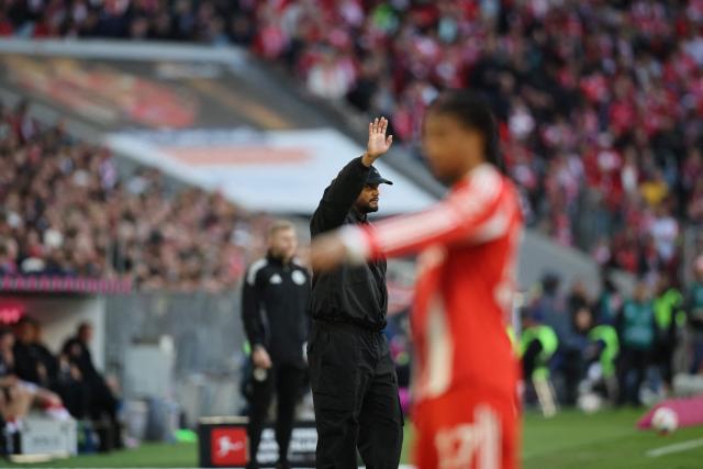 Bayern Munich's Belgian head coach Vincent Kompany reacts during the German first division Bundesliga football match between FC Bayern Munich and VfB Stuttgart in Munich, southern Germany, on April 19, 2026. (Photo by Alexandra BEIER / AFP) / DFL REGULATIONS PROHIBIT ANY USE OF PHOTOGRAPHS AS IMAGE SEQUENCES AND/OR QUASI-VIDEO