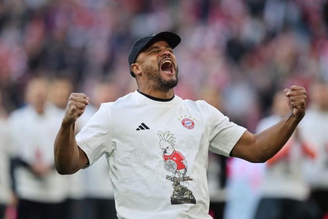 Bayern Munich's Belgian head coach Vincent Kompany celebrates after the German first division Bundesliga football match between FC Bayern Munich and VfB Stuttgart in Munich, southern Germany, on April 19, 2026. (Photo by Alexandra BEIER / AFP) / DFL REGULATIONS PROHIBIT ANY USE OF PHOTOGRAPHS AS IMAGE SEQUENCES AND/OR QUASI-VIDEO