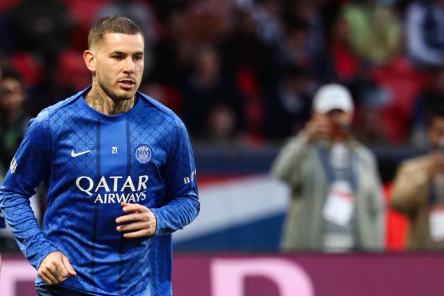 Paris Saint-Germain's French defender #21 Lucas Hernandez warms up prior to the French L1 football match between Paris Saint-Germain (PSG) and Olympique Lyonnais (OL) at the Parc des Princes stadium in Paris on April 19, 2026. (Photo by FRANCK FIFE / AFP)