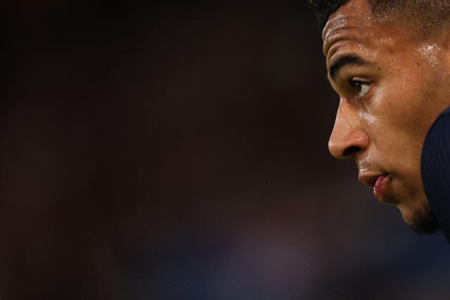 Paris Saint-Germain's French midfielder #14 Desire Doue reacts during the French L1 football match between Paris Saint-Germain (PSG) and Olympique Lyonnais (OL) at the Parc des Princes stadium in Paris on April 19, 2026. (Photo by FRANCK FIFE / AFP)