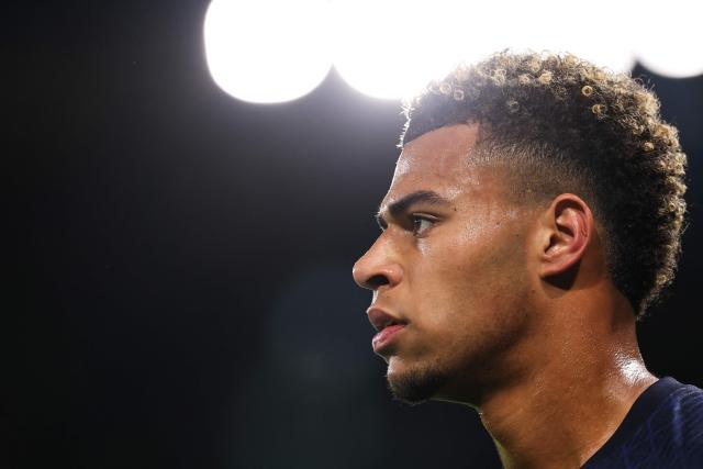 Paris Saint-Germain's French midfielder #14 Desire Doue reacts during the French L1 football match between Paris Saint-Germain (PSG) and Olympique Lyonnais (OL) at the Parc des Princes stadium in Paris on April 19, 2026. (Photo by FRANCK FIFE / AFP)