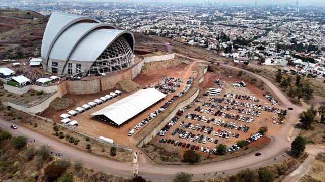 This aerial view shows the Sanctuary of the Mexican Martyrs, the venue of the 2026 Fearless Congress in Tlaquepaque, Jalisco state, Mexico on April 19, 2026. The Fearless Congress is hosted by conservative Catholics from Regnum Christi, a lay movement of the Legionaries of Christ, in response to the "attack on masculinity" that is growing in Mexico amid the rise of feminism, according to the event's organizers on their website. On April 16, 2026, feminist organizations protested against the event in front of the Ministry of the Interior, arguing that it spreads "hate speech" and highlighting the severe gender-based violence in Mexico. (Photo by Ulises RUIZ / AFP)