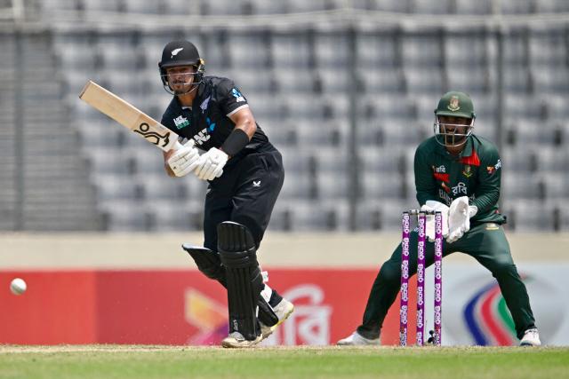 New Zealand's Muhammad Abbas (L) plays a shot as Bangladesh's wicketkeeper Litton Das fields during the second one-day international (ODI) cricket match between Bangladesh and New Zealand at Sher-e-Bangla National Stadium in Mirpur on April 20, 2026. (Photo by Munir UZ ZAMAN / AFP)