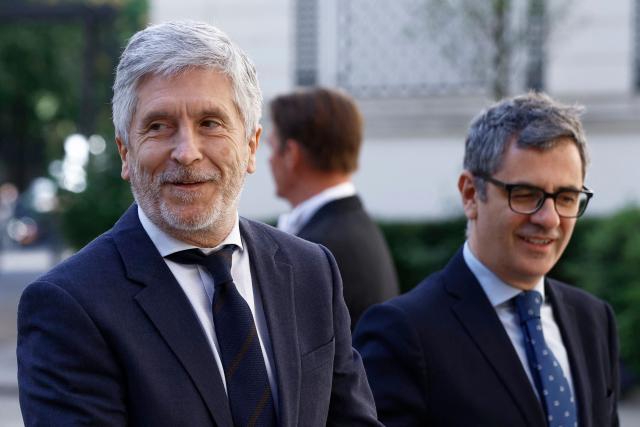 Spain's Minister of the Interior Fernando Grande-Marlaska (L) and Spain's Minister of the Presidency, Justice and Relations with Parliament Felix Bolanos Garcia arrive for the 6th Ministerial Meeting of the European Coalition against Organized Crime at the Hotel de Beauveau, the French Interior Ministry, in Paris on April 20, 2026. (Photo by Kenzo TRIBOUILLARD / AFP)
