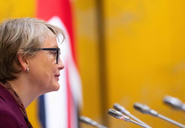 Britain's Foreign Secretary Yvette Cooper speaks during a meeting with Japan's Foreign Minister Toshimitsu Motegi at the Iikura Guest House in Tokyo on April 20, 2026. (Photo by ANDREW CABALLERO-REYNOLDS / AFP)