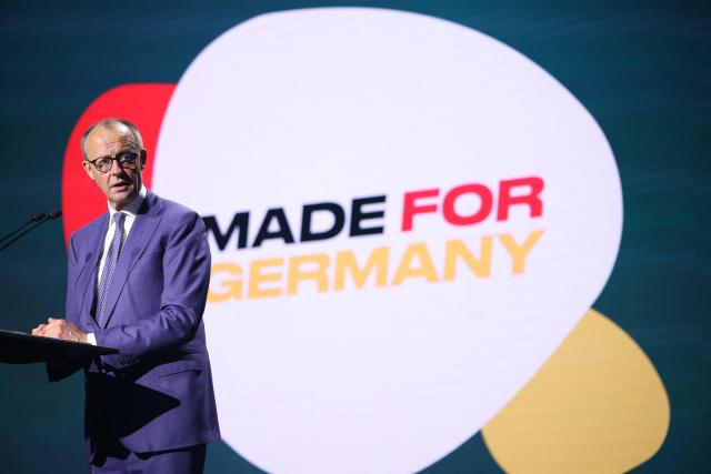 German Chancellor Friedrich Merz gives a speech during the opening of the Hannover Messe industrial trade fair for mechanical and electrical engineering and digital industries, in Hanover, northern Germany on April 20, 2026. The fair will be running until April 24, 2026. (Photo by Ronny HARTMANN / AFP)