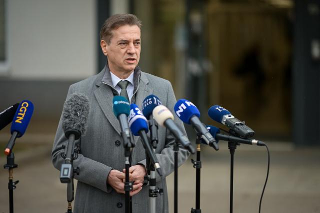 (FILES) Slovenia's Prime Minister Robert Golob addresses the media after casting his vote at a polling station during the Slovenian General Elections in Ljubljana, on March 22, 2026. Slovenia's outgoing prime minister Robert Golob, whose party secured a razor-thin majority in last month's parliamentary elections, said on April 20, 2026, that he had failed to form a government. (Photo by Jure Makovec / AFP)