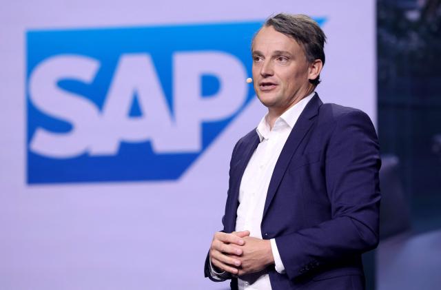 SAP CEO Christian Klein speaks at the Hannover industrial trade fair for mechanical and electrical engineering and digital industries, in Hannover, northern Germany on April 20, 2026. The fair will be running until April 24, 2026. (Photo by Ronny HARTMANN / AFP)
