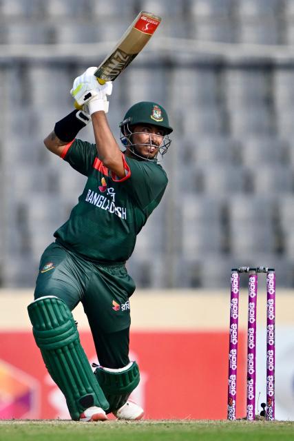 Bangladesh's Soumya Sarkar plays a shot during the second one-day international (ODI) cricket match between Bangladesh and New Zealand at Sher-e-Bangla National Stadium in Mirpur on April 20, 2026. (Photo by Munir UZ ZAMAN / AFP)