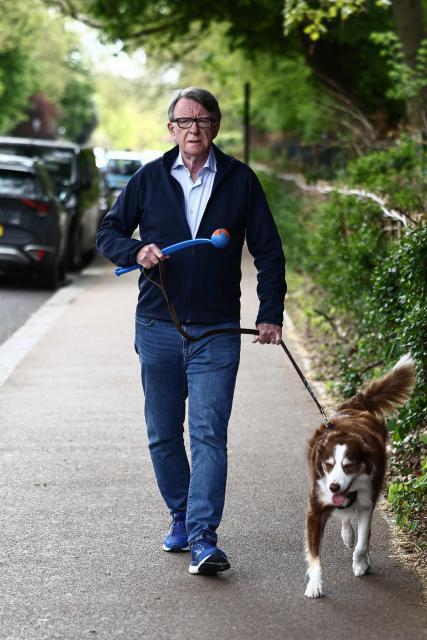 Former UK ambassador to the United States, Peter Mandelson, walks his dog near his residence in central London on April 20, 2026. Britain's embattled Prime Minister Keir Starmer will face lawmakers in parliament on April 20 as he bids to quell anger over an unrelenting scandal involving long-time Jeffrey Epstein associate Peter Mandelson. (Photo by Henry NICHOLLS / AFP)