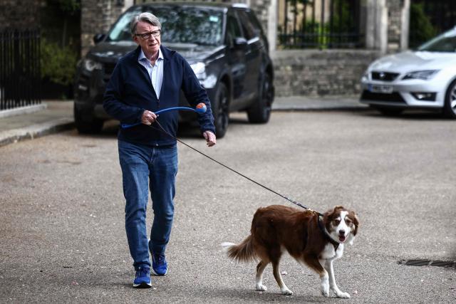 Former UK ambassador to the United States, Peter Mandelson, walks his dog outside his residence in central London on April 20, 2026. Britain's embattled Prime Minister Keir Starmer will face lawmakers in parliament on April 20 as he bids to quell anger over an unrelenting scandal involving long-time Jeffrey Epstein associate Peter Mandelson. (Photo by Henry NICHOLLS / AFP)