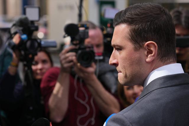 French far-right Rassemblement National RN party's President Jordan Bardella speaks to the press as he arrives for his lunch with French union Movement of the Enterprises of France (Medef) in Paris on April 20, 2026. (Photo by Dimitar DILKOFF / AFP)