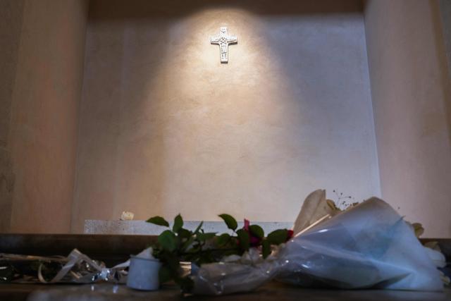 Flowers are laid before Pope Francis’s tomb at the Basilica of Saint Mary Major, a year after his death, in Rome on April 20, 2026. (Photo by Tiziana FABI / AFP)