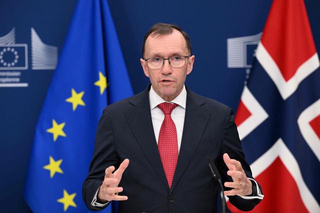 Espen Barth Eide, Norwegian Minister for Foreign Affairs, speaks during a joint press statement with EU High Representative and Vice-President for Foreign Affairs and Security Policy and Palestinian Prime Minister before a Ad Hoc Liaison Committee (AHLC) Ministerial Meeting, in Brussels on April 20, 2026. European backers put on a show of support for the Palestinian Authority and the push for a two-state solution, as the US-Israeli war with Iran has dragged focus away from Gaza. (Photo by Nicolas TUCAT / AFP)