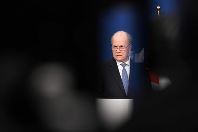 Palestinian Prime Minister Mohamed Mustafa speaks during a joint press statement with Norwegian Minister for Foreign Affairs and EU High Representative and Vice-President for Foreign Affairs and Security Policy before a Ad Hoc Liaison Committee (AHLC) Ministerial Meeting, in Brussels on April 20, 2026. European backers put on a show of support for the Palestinian Authority and the push for a two-state solution, as the US-Israeli war with Iran has dragged focus away from Gaza. (Photo by Nicolas TUCAT / AFP)