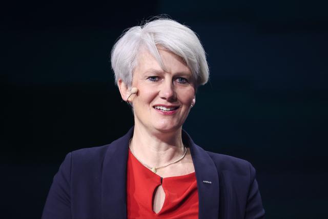 Sabine Klauke, Chief Technology Officer for Airbus speaks at the Hannover industrial trade fair for mechanical and electrical engineering and digital industries, in Hannover, northern Germany on April 20, 2026. The fair will be running until April 24, 2026. (Photo by RONNY HARTMANN / AFP)