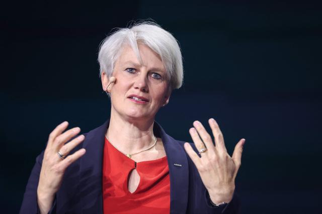 Sabine Klauke, Chief Technology Officer for Airbus speaks at the Hannover industrial trade fair for mechanical and electrical engineering and digital industries, in Hannover, northern Germany on April 20, 2026. The fair will be running until April 24, 2026. (Photo by RONNY HARTMANN / AFP)