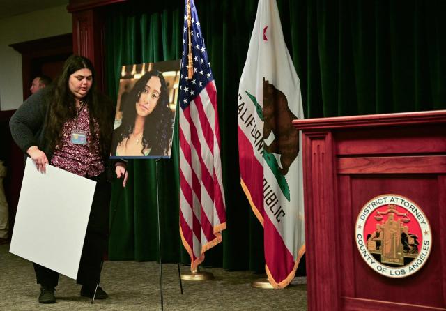 A picture of Celeste Rivas is displayed ahead of a press briefing on the case against singer D4vd in Los Angeles on April 20, 2026. Rising star D4vd, whose real name is David Burke, was arrested in connection to the murder of a teenage girl whose dismembered body was found in the trunk of a car registered in the artist's name, police said on April 16. (Photo by Frederic J. Brown / AFP)