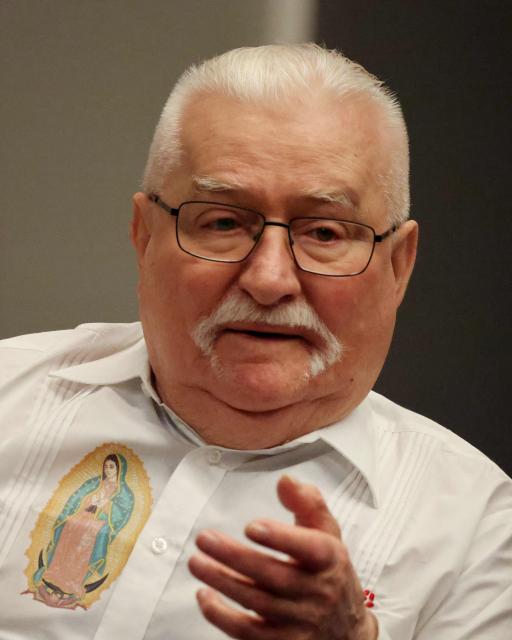 Former President of Poland Lech Walesa speaks during a meeting with the French President and the Polish Prime Minister at the European Solidarity Centre in Gdansk, Poland, on April 20, 2026 during the French President's one-day visit to Poland. (Photo by Ludovic MARIN / AFP)