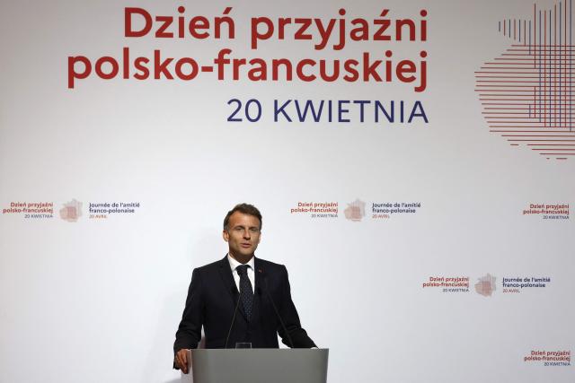 French President Emmanuel Macron addresses guests during the ceremony for the presentation of the Bronislaw Geremek Award at the European Solidarity Centre in Gdansk, Poland, on April 20, 2026 during the French President's one-day visit to Poland. (Photo by Ludovic MARIN / AFP)