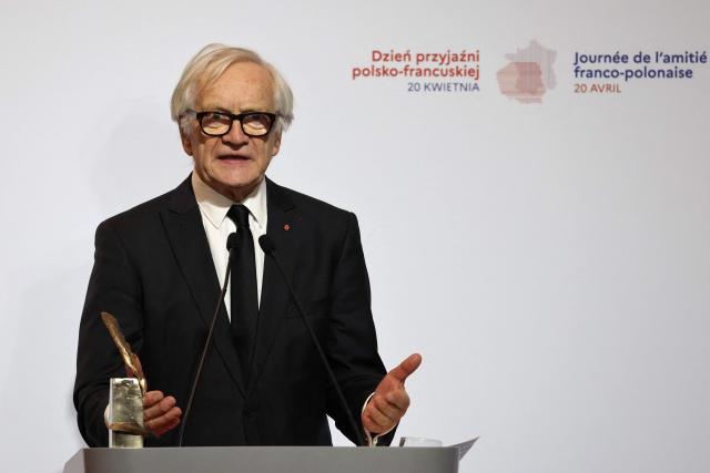 Laureate Polish actor and director Andrzej Seweryn delivers a speech after having received the Bronislaw Geremek Award during a ceremony at the European Solidarity Centre in Gdansk, Poland, on April 20, 2026 during the French President's one-day visit to Poland. (Photo by Ludovic MARIN / AFP)