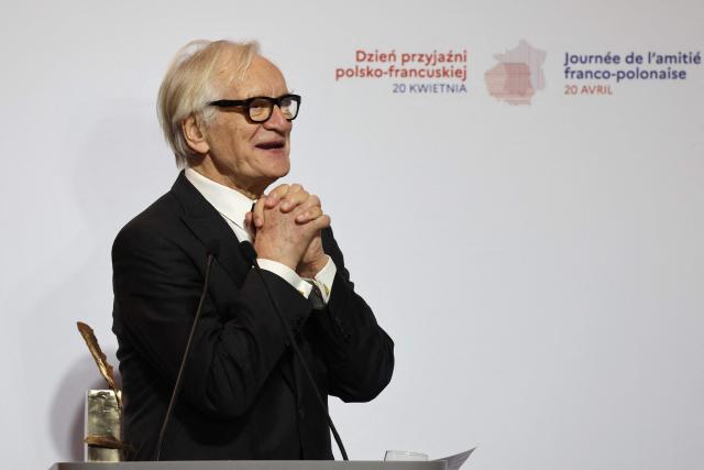 Laureate Polish actor and director Andrzej Seweryn delivers a speech after having received the Bronislaw Geremek Award during a ceremony at the European Solidarity Centre in Gdansk, Poland, on April 20, 2026 during the French President's one-day visit to Poland. (Photo by Ludovic MARIN / AFP)