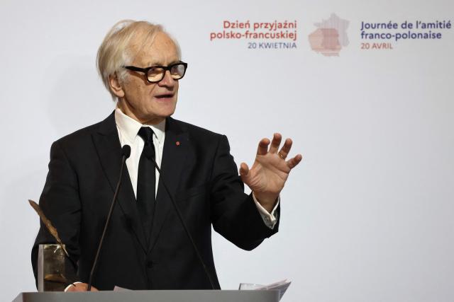 Laureate Polish actor and director Andrzej Seweryn delivers a speech after having received the Bronislaw Geremek Award during a ceremony at the European Solidarity Centre in Gdansk, Poland, on April 20, 2026 during the French President's one-day visit to Poland. (Photo by Ludovic MARIN / AFP)