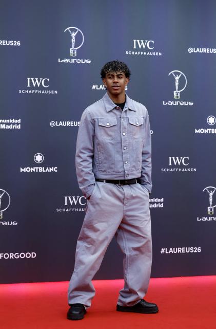 Barcelona's Spanish forward Lamine Yamal poses on the Red Carpet ahead of the 27th Laureus World Sports Awards gala in Madrid on April 20, 2026. (Photo by Oscar DEL POZO / AFP)