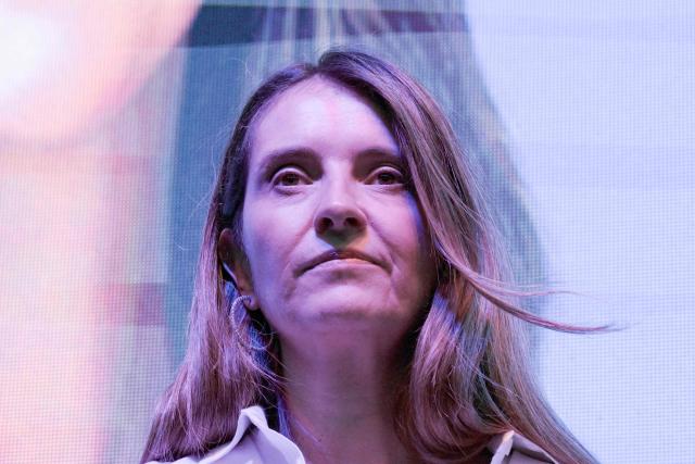 Colombia's right-wing presidential candidate Paloma Valencia, of the Centro Democratico party, gestures during a campaign rally in Cali, Valle del Cauca department, Colombia on April 20, 2026. Colombia will hold a presidential election on May 31, 2026. (Photo by JOAQUIN SARMIENTO / AFP)