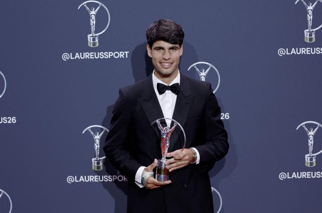 Spain's tennis player Carlos Alcaraz poses with the Sportsman of the Year Award during the 27th Laureus World Sports Awards gala in Madrid on April 20, 2026. (Photo by Oscar DEL POZO / AFP)