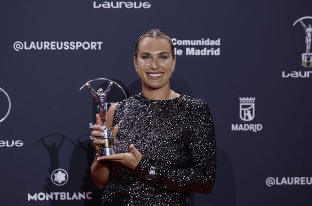 Belarus' tennis player Aryna Sabalenka poses with her Best Sportswoman Award during the 27th Laureus World Sports Awards gala in Madrid on April 20, 2026. (Photo by Oscar DEL POZO / AFP)