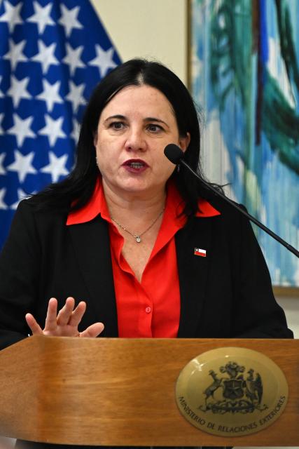 Chile's Minister of Public Security Trinidad Steinert speaks during the signing of agreements between Chile and the United States on mining and security in Santiago on April 20, 2026. (Photo by RODRIGO ARANGUA / AFP)