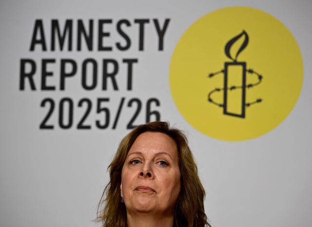 ### EMBARGOED TILL 21.04.2026 ### 

The Secretary General of the German section of Amnesty International Julia Duchrow addresses journalists to comment on Amnesty International's 2025/2026 annual report in Berlin on April 20, 2026. (Photo by Tobias SCHWARZ / AFP)